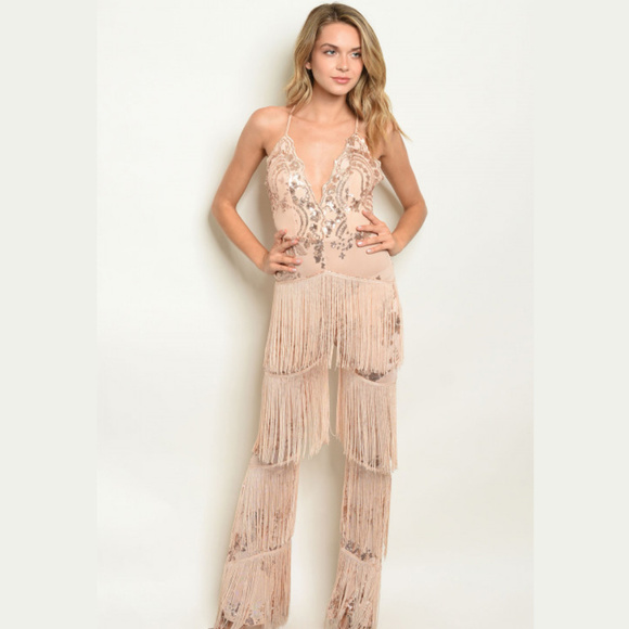 Nude Glam Sequin Fringe Tassel Jumpsuit Romper - Picture 2 of 3